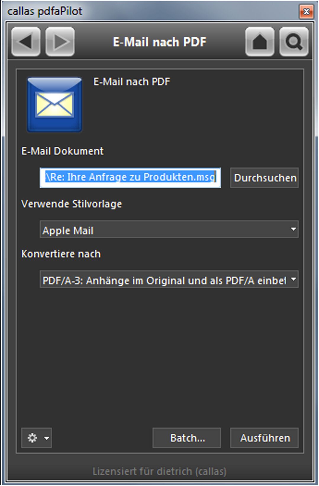 Bild callas software archiviert E-Mails mit PDF/A