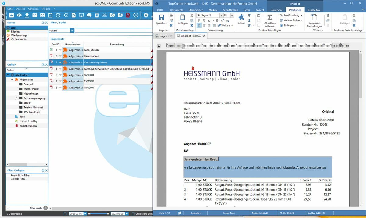 Das Dokumenten-Management-System ecoDMS One ist in die kaufmännische Software für Handwerksbetriebe, TopKontor Handwerk, integriert. (Quelle: blue:solution)